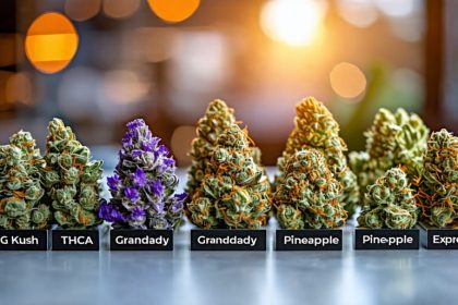 Assorted THCA vaporizer flower strains, including OG Kush, Granddaddy Purple, and Pineapple Express, labeled and displayed on a tabletop, showcasing options for vaping enthusiasts.