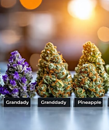 Assorted THCA vaporizer flower strains, including OG Kush, Granddaddy Purple, and Pineapple Express, labeled and displayed on a tabletop, showcasing options for vaping enthusiasts.