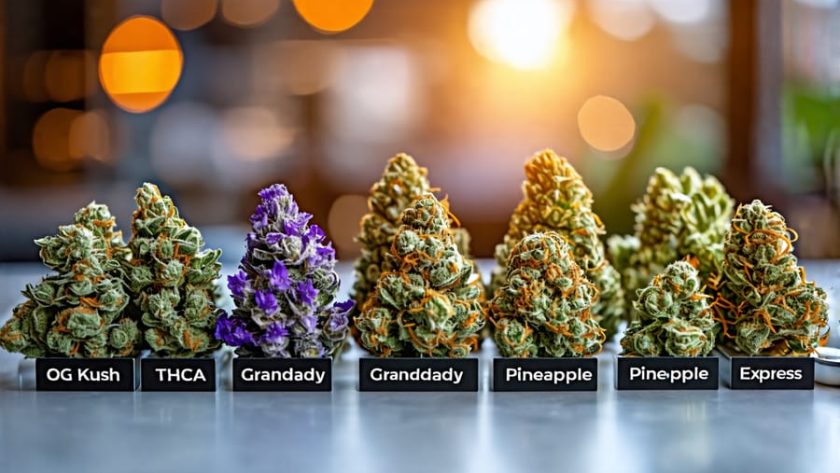 Assorted THCA vaporizer flower strains, including OG Kush, Granddaddy Purple, and Pineapple Express, labeled and displayed on a tabletop, showcasing options for vaping enthusiasts.