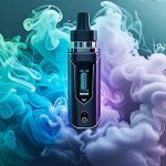 A modern vaping device with a digital temperature display, surrounded by mist, representing THCA-compatible technology and safety features.