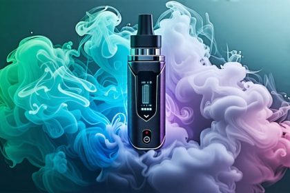 A modern vaping device with a digital temperature display, surrounded by mist, representing THCA-compatible technology and safety features.