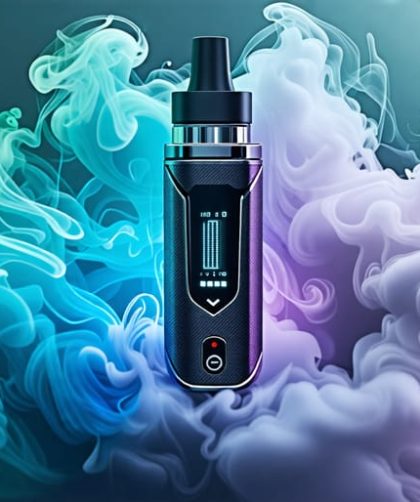 A modern vaping device with a digital temperature display, surrounded by mist, representing THCA-compatible technology and safety features.