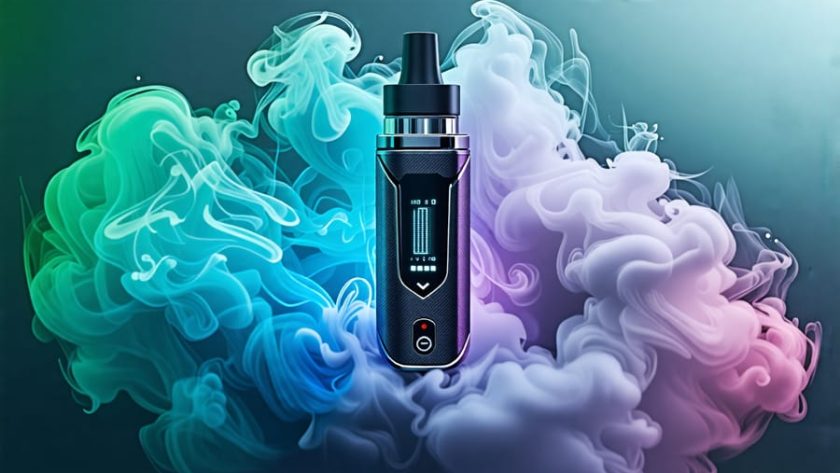 A modern vaping device with a digital temperature display, surrounded by mist, representing THCA-compatible technology and safety features.