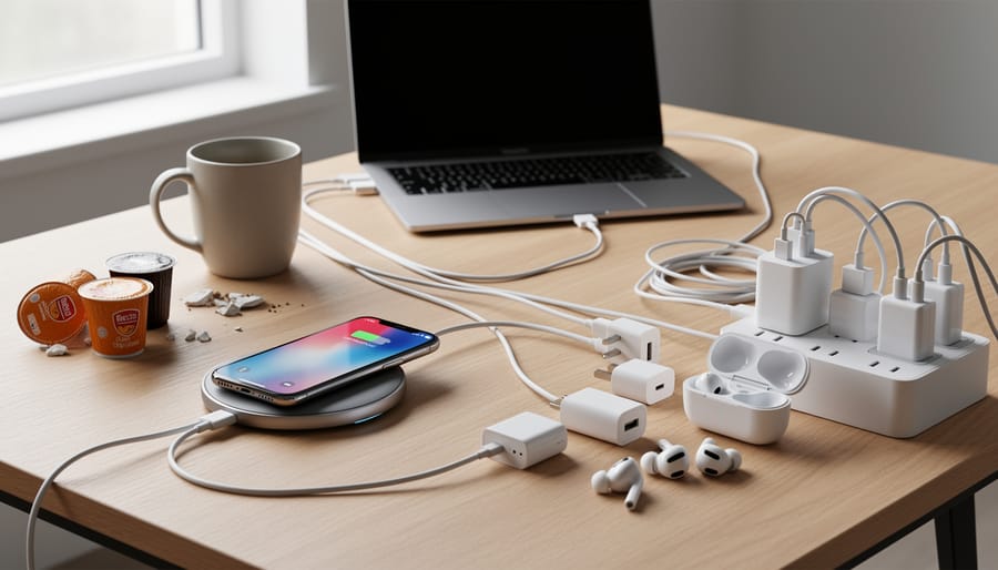 Charging cable and unopened pod packaging arranged on a desk with a phone in the background showing a non-readable budgeting interface.