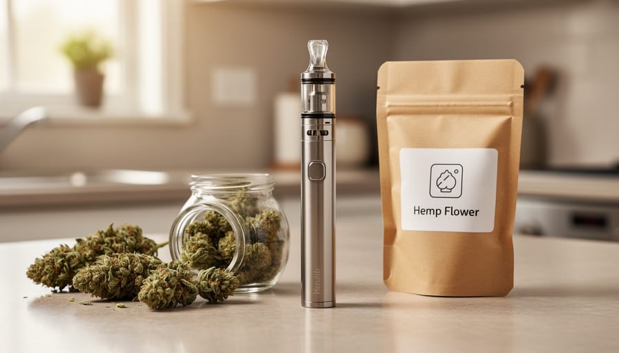 Close-up of a hemp-derived THC vape disposable device on a kitchen counter beside a jar of dried hemp