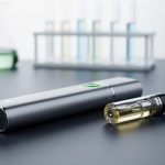 Close-up of a vape device and oil cartridge on a dark surface with blurred laboratory-like equipment in the background.