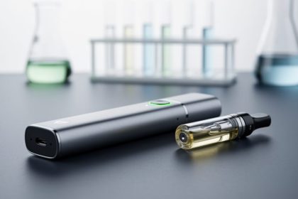 Close-up of a vape device and oil cartridge on a dark surface with blurred laboratory-like equipment in the background.