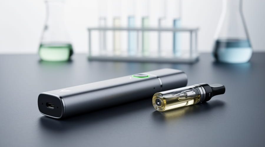Close-up of a vape device and oil cartridge on a dark surface with blurred laboratory-like equipment in the background.