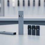 Close-up of a JUUL-style vaping starter kit showing the device, USB charging dock, and nearby pod cartridges on a tabletop.