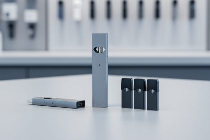 Close-up of a JUUL-style vaping starter kit showing the device, USB charging dock, and nearby pod cartridges on a tabletop.