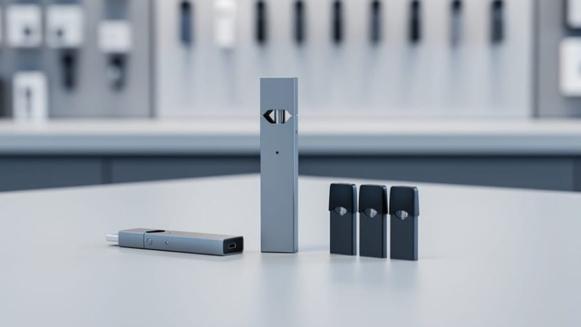 Close-up of a JUUL-style vaping starter kit showing the device, USB charging dock, and nearby pod cartridges on a tabletop.