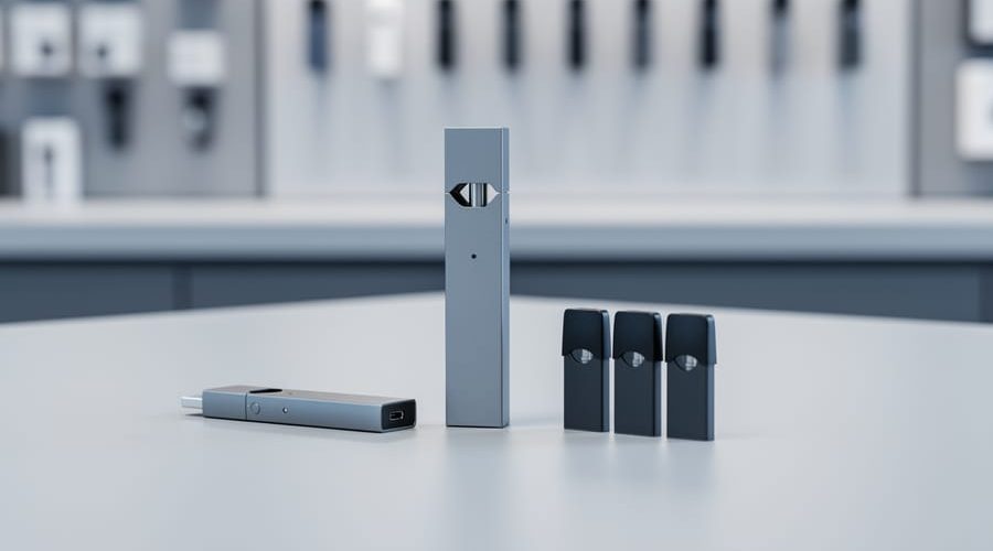 Close-up of a JUUL-style vaping starter kit showing the device, USB charging dock, and nearby pod cartridges on a tabletop.