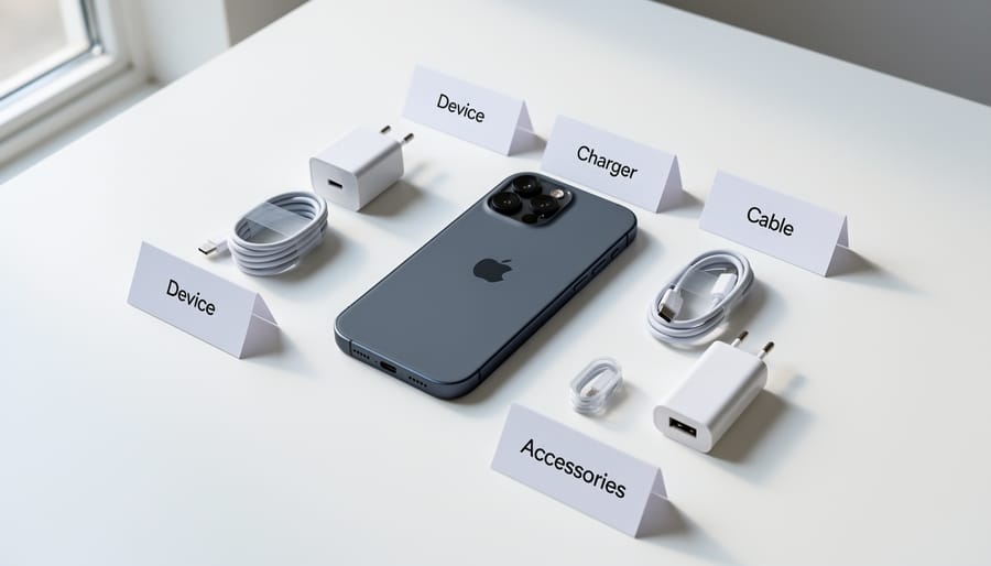 JUUL-style starter kit items including the device, charging dock or cable, and sealed pods arranged on a tabletop.