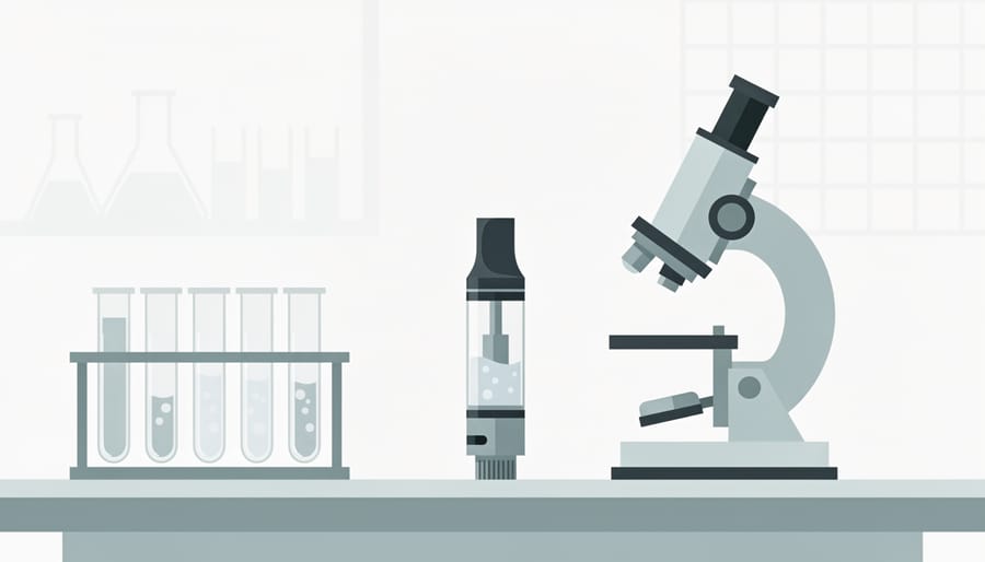 Lab bench with glassware and sealed sample pouch representing third-party testing