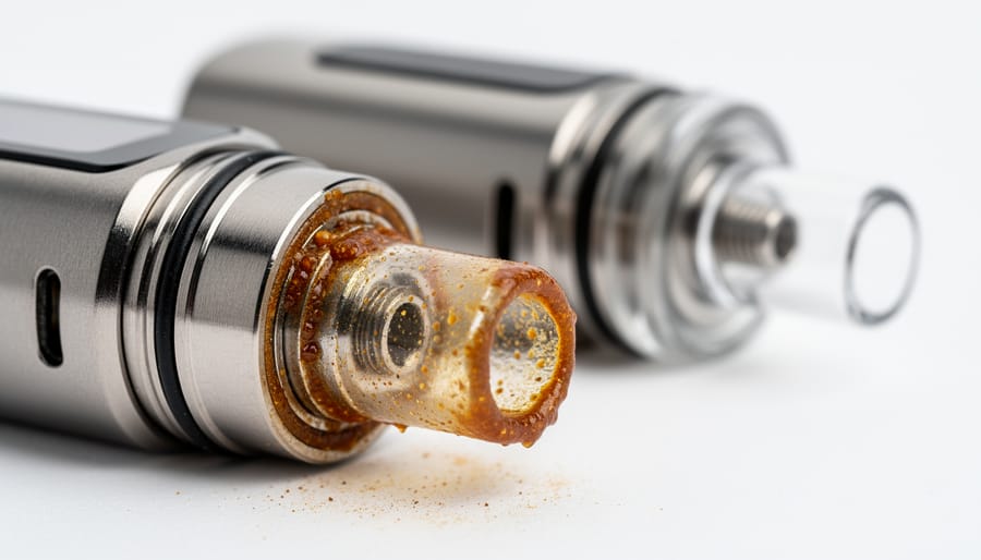 Macro close-up of residue inside a clear vape mouthpiece and airflow channel