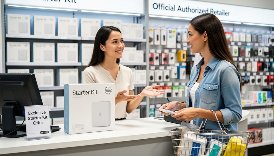 Person holding a closed-system pod vape device at an authorized store checkout counter with retail shelves in the background.