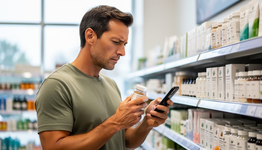 Person holding a vape package while checking information on a smartphone with the screen blurred