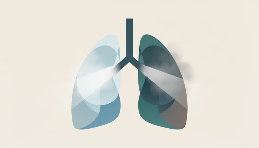 Symbolic lung silhouette created by translucent smoke-like haze under dramatic lighting
