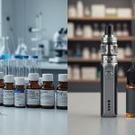A laboratory bench with pipettes and reagent bottles contrasted with a vaping device and e-liquid on a tabletop, illustrating the difference between research chemicals and vaping products.