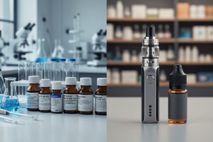 A laboratory bench with pipettes and reagent bottles contrasted with a vaping device and e-liquid on a tabletop, illustrating the difference between research chemicals and vaping products.