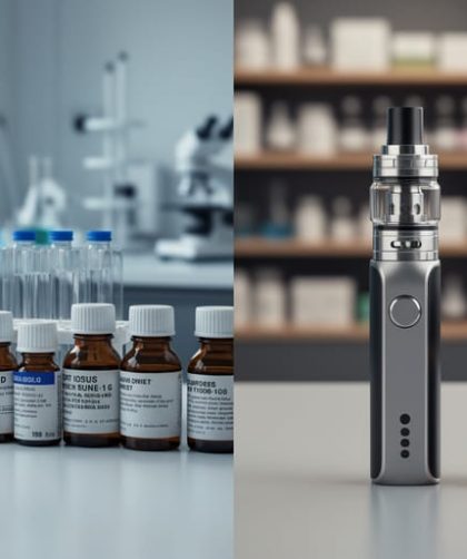 A laboratory bench with pipettes and reagent bottles contrasted with a vaping device and e-liquid on a tabletop, illustrating the difference between research chemicals and vaping products.