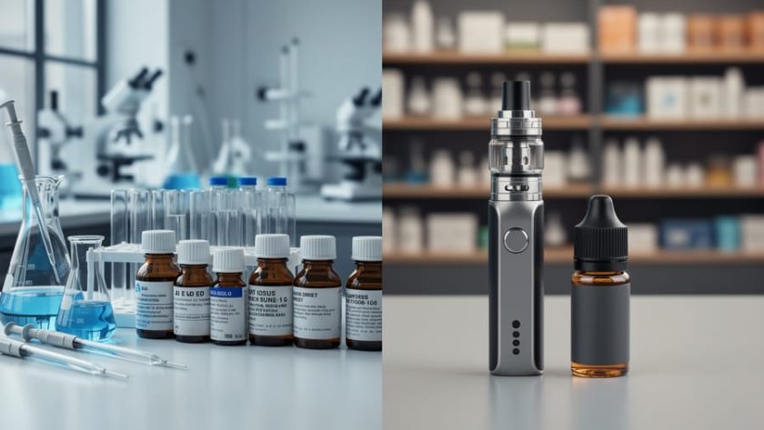 A laboratory bench with pipettes and reagent bottles contrasted with a vaping device and e-liquid on a tabletop, illustrating the difference between research chemicals and vaping products.