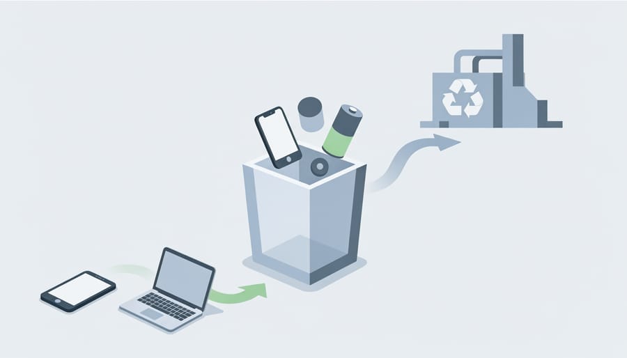 Recycling and sealed battery disposal containers on a kitchen floor with a softly blurred home background