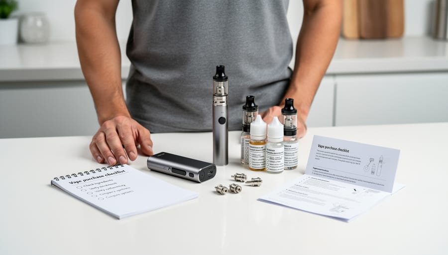 Adult hands holding a vape device and sealed e-liquid on a kitchen counter in natural light