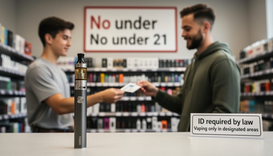 Close-up of a vape pod device with a storefront background softly blurred behind it