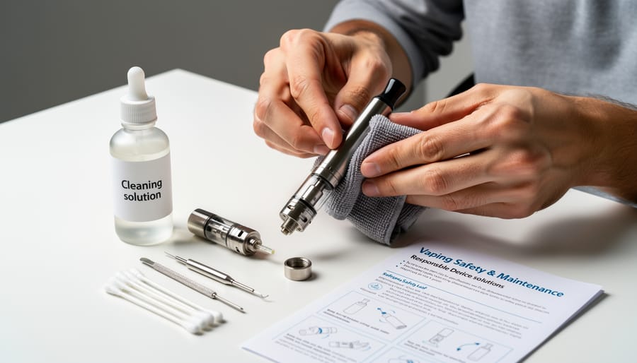 Hands inspecting and cleaning a vape device battery area on a clean surface
