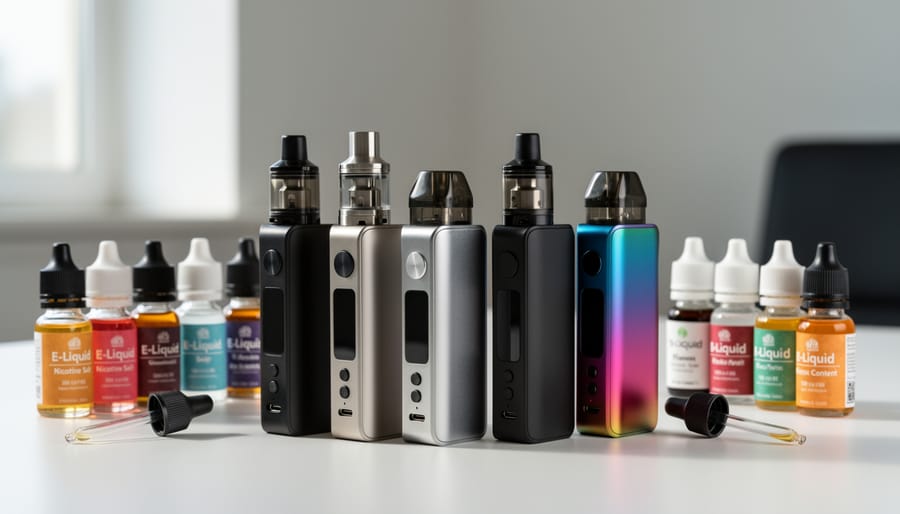 Vape device parts and unlabeled e-liquid ingredients arranged on a countertop