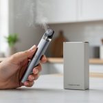 Adult hand holding a vape device with vaping liquid bottles on a kitchen counter under soft natural light.