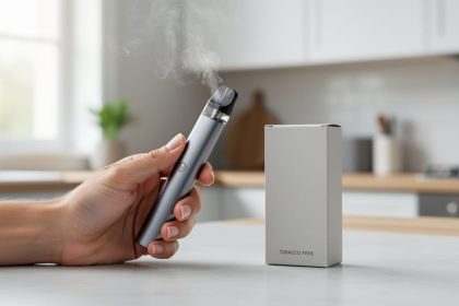 Adult hand holding a vape device with vaping liquid bottles on a kitchen counter under soft natural light.