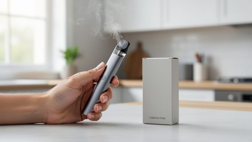 Adult hand holding a vape device with vaping liquid bottles on a kitchen counter under soft natural light.