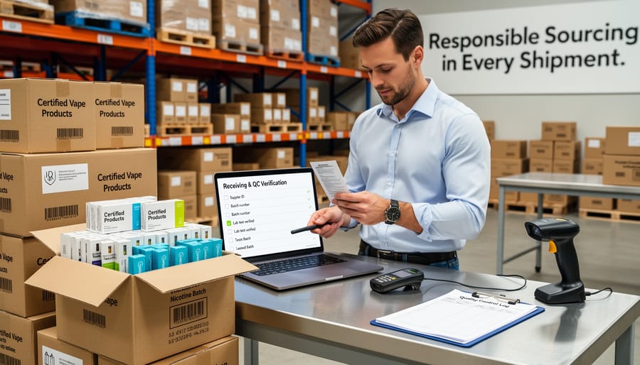 Worker holding a sealed package in a warehouse receiving area with pallets in the background