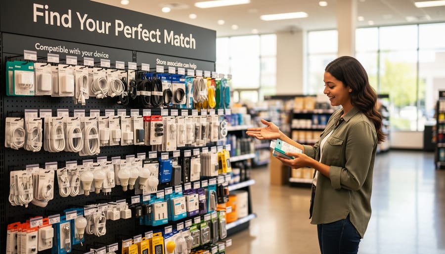 Organized vape accessories and replacement parts on a counter with staff hands selecting a matching item.