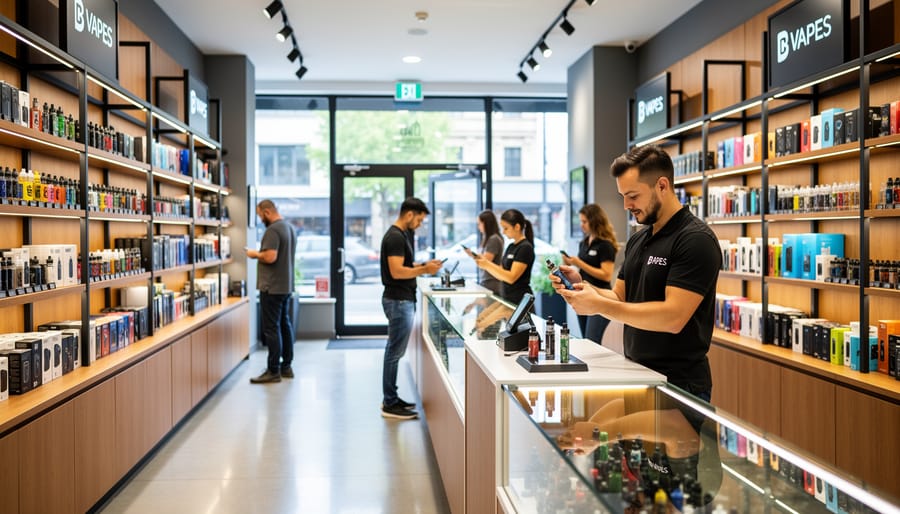 Wide view of a modern vape shop interior with staff greeting a customer near product displays.