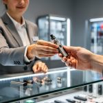 Staff member assisting a customer with a vape device at a B Vapes retail display counter.