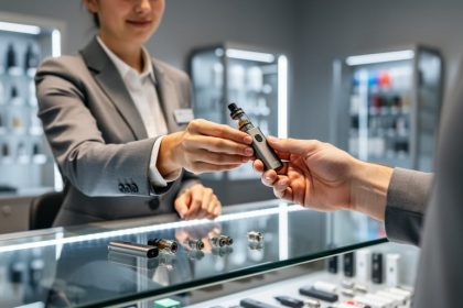 Staff member assisting a customer with a vape device at a B Vapes retail display counter.