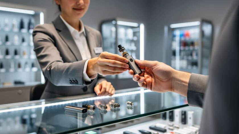 Staff member assisting a customer with a vape device at a B Vapes retail display counter.
