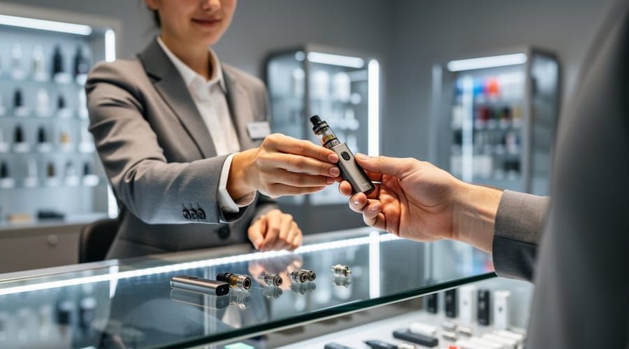 Staff member assisting a customer with a vape device at a B Vapes retail display counter.