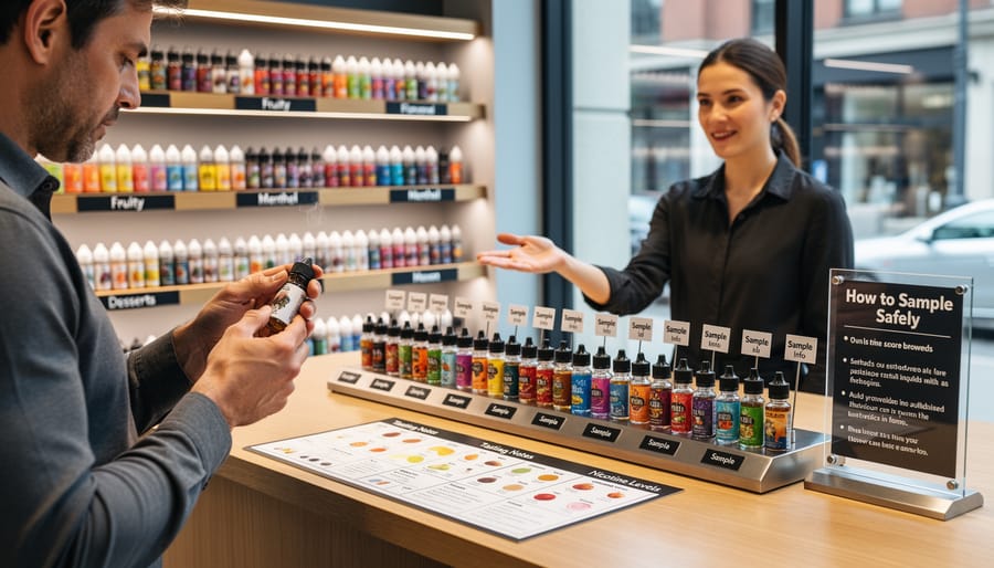 E-liquid tasting station with multiple capped sample bottles on a counter and staff assisting.
