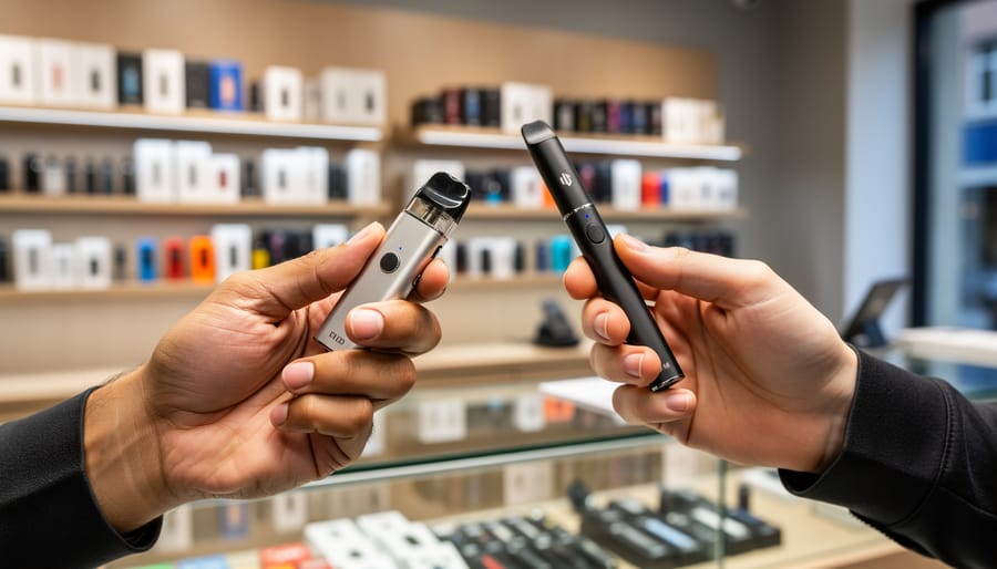 Customer testing a pod system and vape pen on a store counter near small accessories.