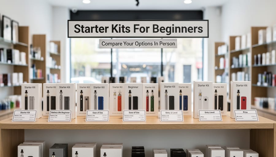 A staff member’s hand gesturing toward beginner-friendly vape starter kits on a store display counter.