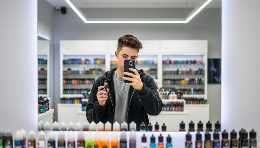 A person taking a mirror selfie with a vape device inside a modern vape shop.