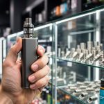 Hand holding a sleek vape mod in a vape shop with blurred display items like coils and e-liquids in the background.