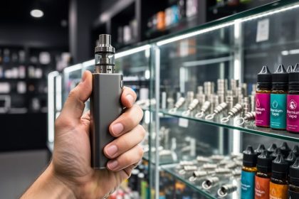 Hand holding a sleek vape mod in a vape shop with blurred display items like coils and e-liquids in the background.