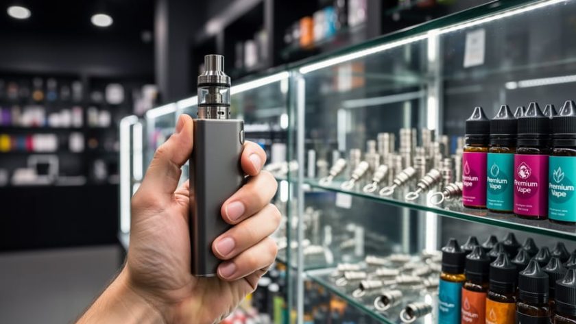 Hand holding a sleek vape mod in a vape shop with blurred display items like coils and e-liquids in the background.