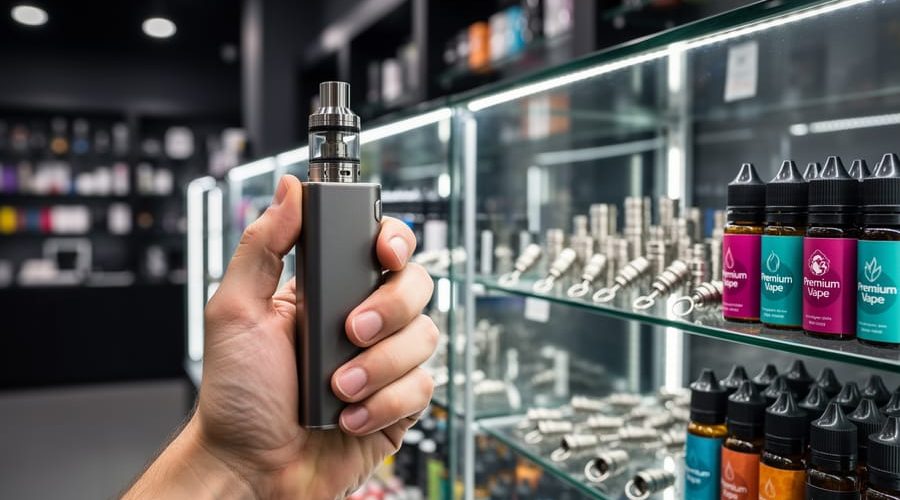 Hand holding a sleek vape mod in a vape shop with blurred display items like coils and e-liquids in the background.