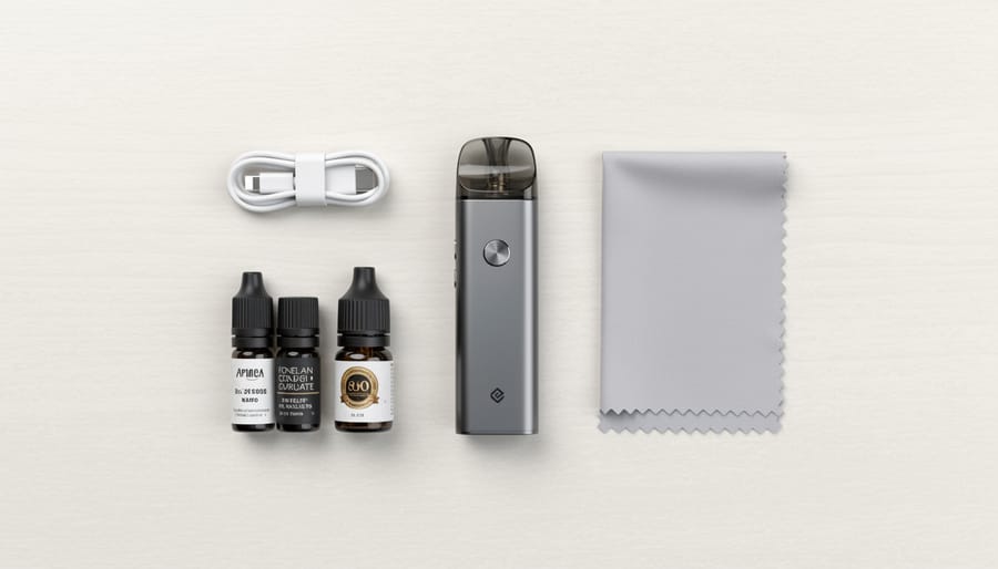 Flat-lay of a vape device, e-liquid, and accessories on a dark countertop inside a vape shop.